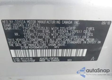 2011 Toyota Rav4 из США, поврежденный, VIN 2T3BF4DV0BW085375